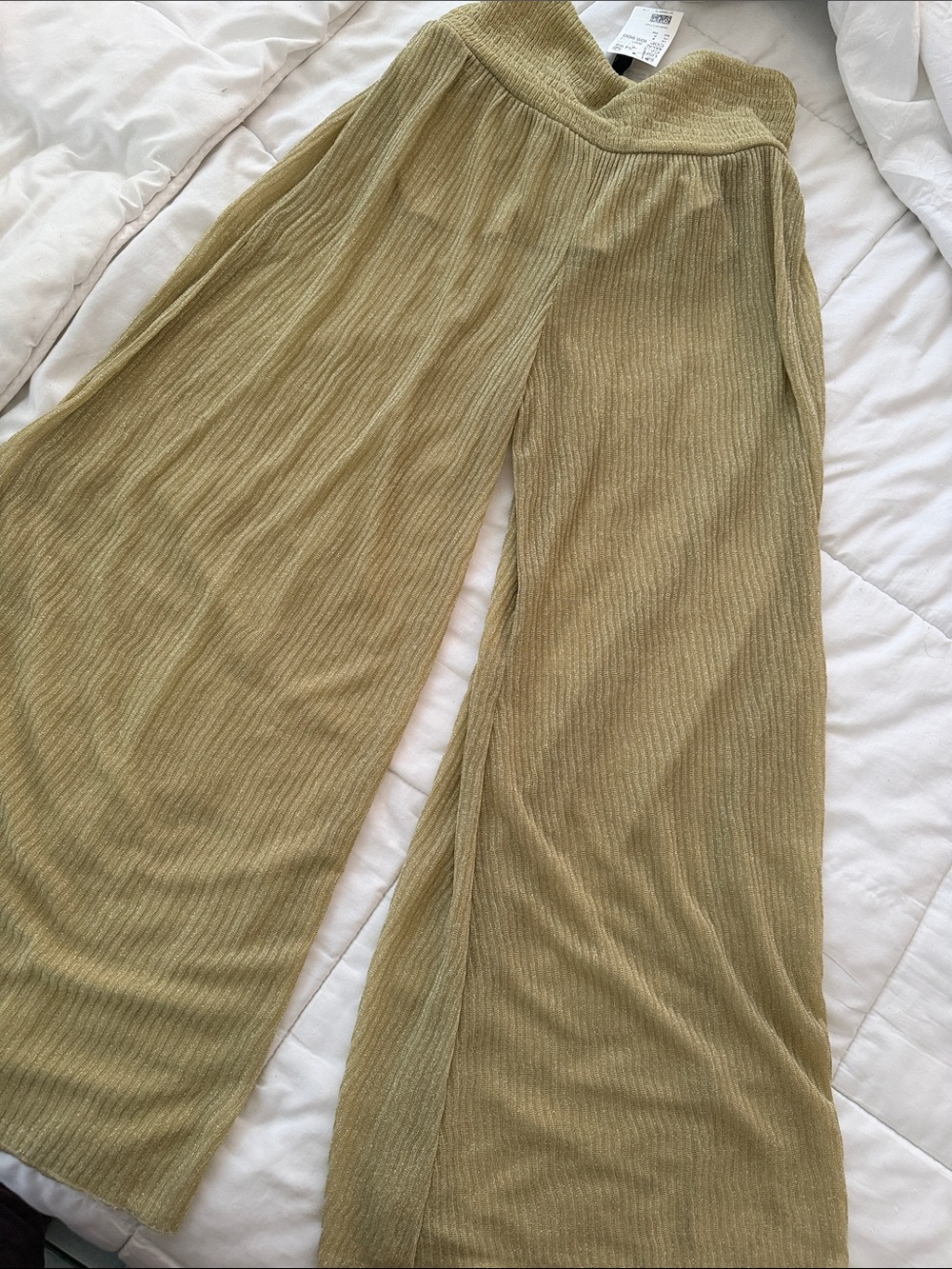 H&M Olive Green Wide-Leg Ribbed Trousers